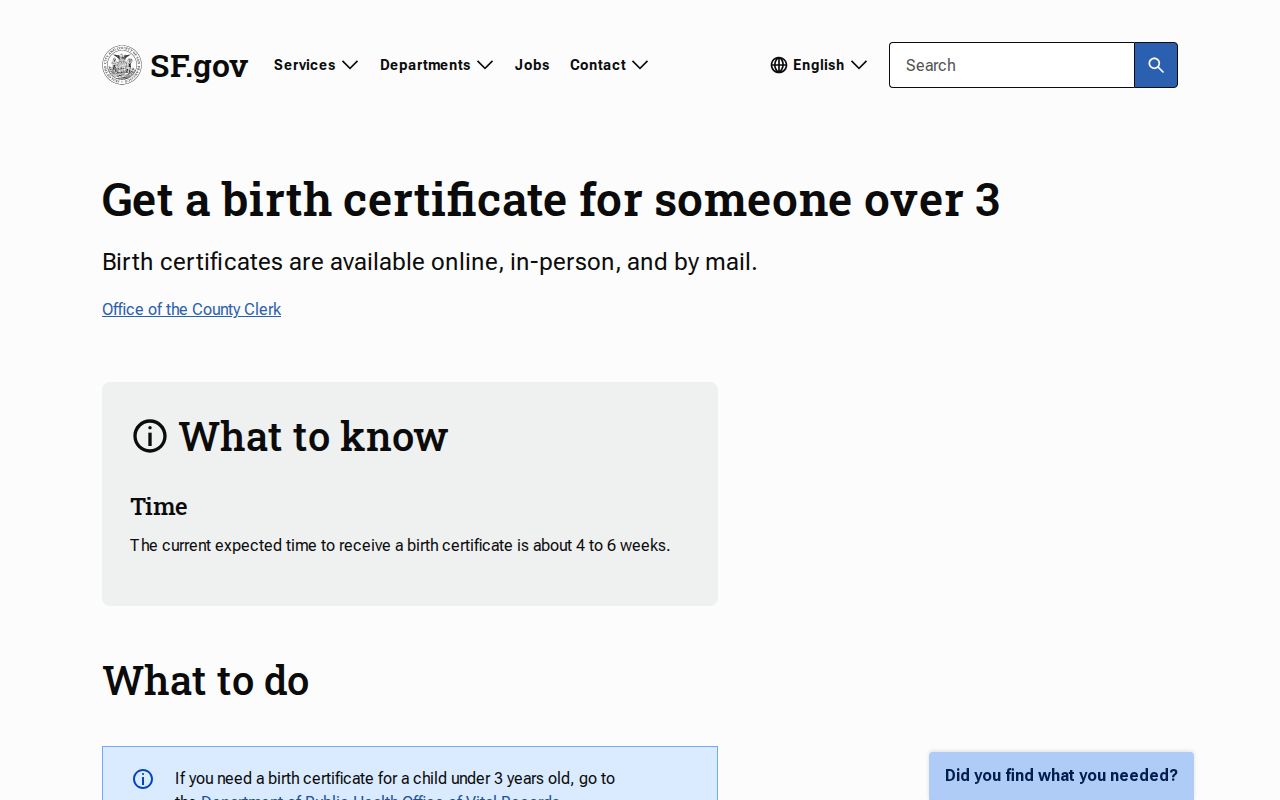 San Francisco previous residents older birth certificate service